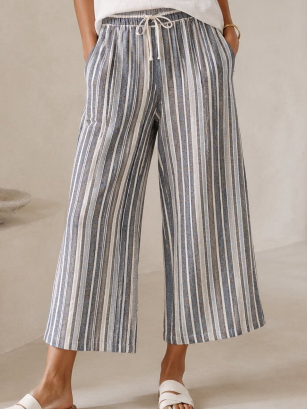 Banana Republic Linen Blend Wide Leg Crop Pants Navy White Stripe S Coastal NWOT